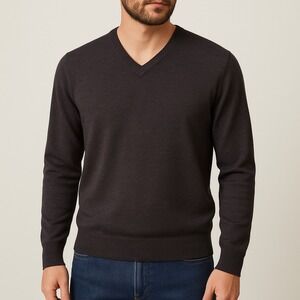 NORDSTROM Men's Brown 100% Extra Fine Merino Wool Sweater Large V-Neck Stretch